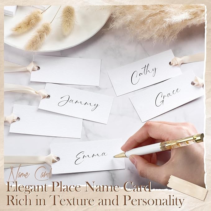 50 Pcs Name Place Cards for Table Setting Blank Wedding Place Cards with Satin Ribbon 1.57 x 3.54 Inch Hanging Gift Tags for Wedding Dinner Banquet Party Table Setting Supplies(Beige)