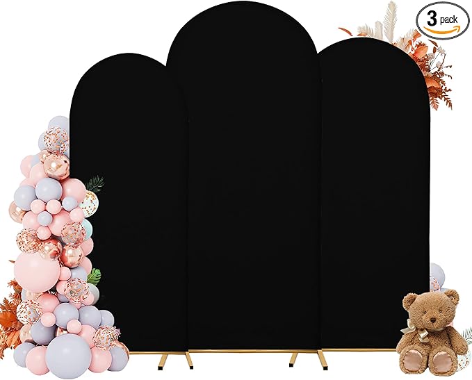 Wedding Arch Covers Arch Backdrop Cover Arch Stand Covers 7.2FT 6.6FT 6FT Set of 3 Arch Cover Spandex Fabric Stretchy Backdrop for Wedding Birthday Party Decoration Baby Shower (Black, Cover Only)
