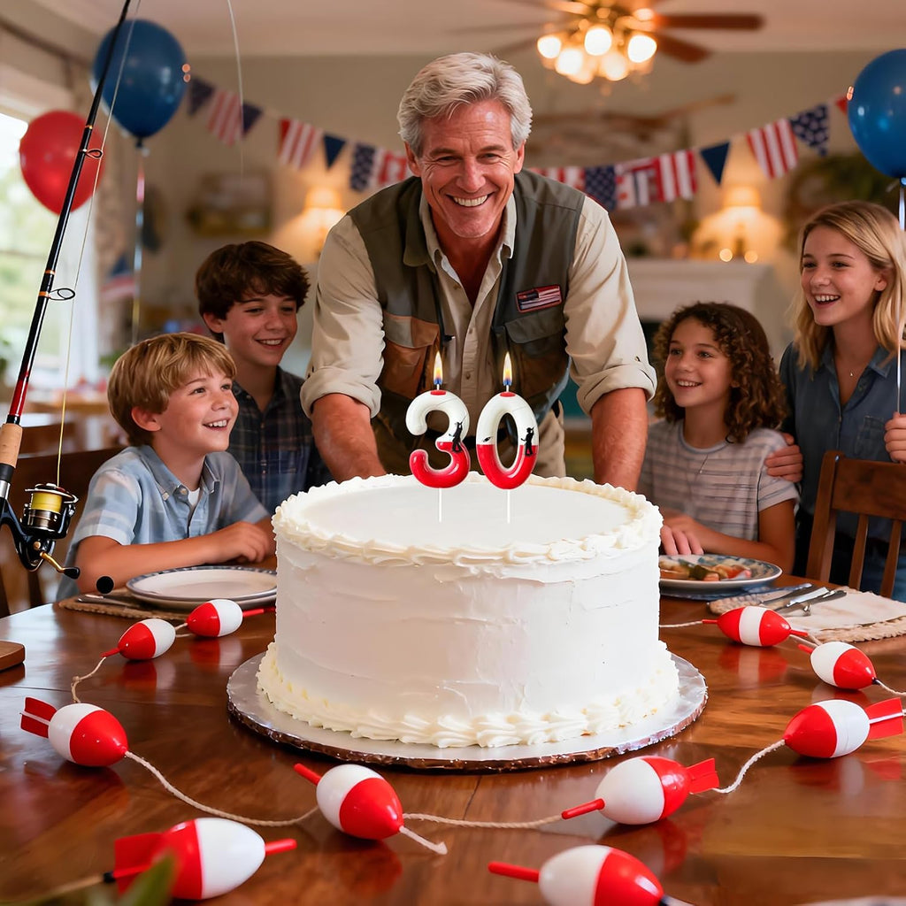 Fishing Birthday Candle Number 30 for Men, Red and White Bobber Cake Topper, Dad Grandpa Cake Decoration