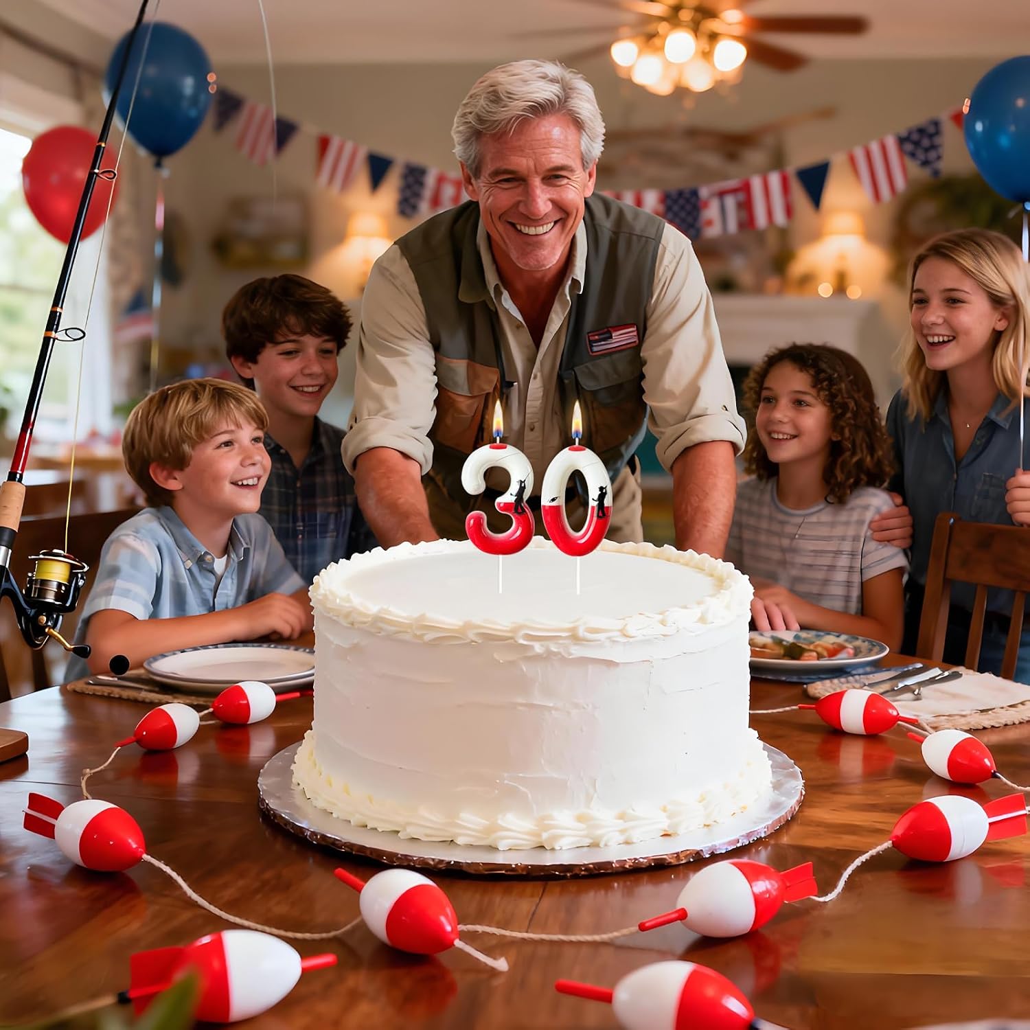 Fishing Birthday Candle Number 30 for Men, Red and White Bobber Cake Topper, Dad Grandpa Cake Decoration