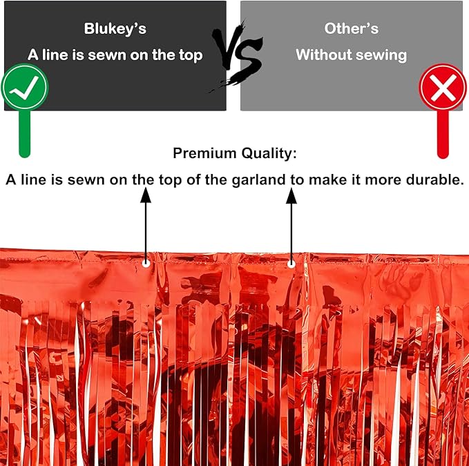 Thick 10 Feet by 15 Inch Red Foil Fringe Garland - Pack of 3 | Shiny Metallic Tinsel Banner for Parade Floats, Bridal Shower, Wedding, Birthday, Christmas | Wall Hanging Drapes (3)