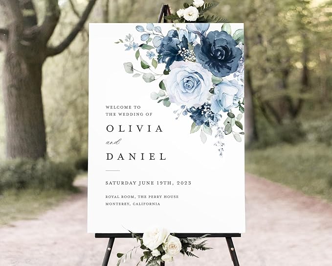 Welcome Wedding Sign Personalized, Elegant Light Blue Rose Wedding Sign Decorations Signage 12" X 18" (Small), 27" (Medium), 36" (Large), Plastic, Modern, Pole Mount, Weather