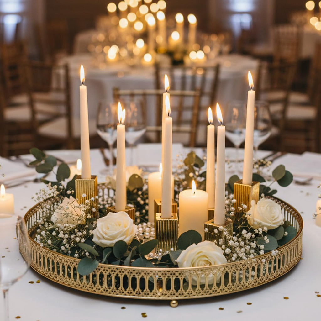 LETINE 12pcs Gold Vertical Stripe Glass Candlestick Holders - Chic Taper Candle Sticks Holder Set for Elegant Dining & Home Decor - Ideal for Christmas, Halloween, Thanksgiving