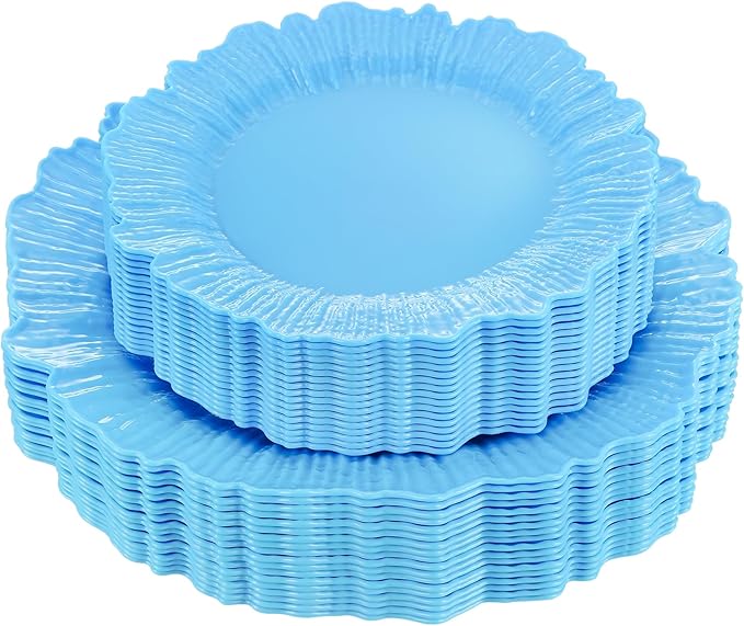50 Pcs Blue Floral Plastic Plates, Fancy Disposable Plate, Heavy Duty Plastic Plates Set include 25 10" Dinner & 25 7.5" Dessert Plates for Party & Wedding
