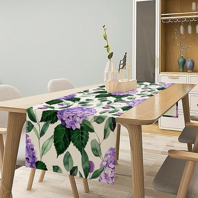 Spring Hydrangea Flower Table Runner, Seasonal Summer Plants Eucalyptus Leaves Purple Florals Dinner Runner for Home Kitchen Dining Table Party Holiday Decoration 13"x108"