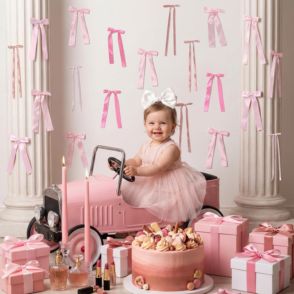 Pink Bow Birthday Decorations, 40Pcs Dusty Pink Bow Wall Decor DIY Ribbon Satin Bows Garland Photo Backdrop for Women Girl Coquette Bachelorette Baby Bridal Shower Room Bedroom Wedding Party Decor