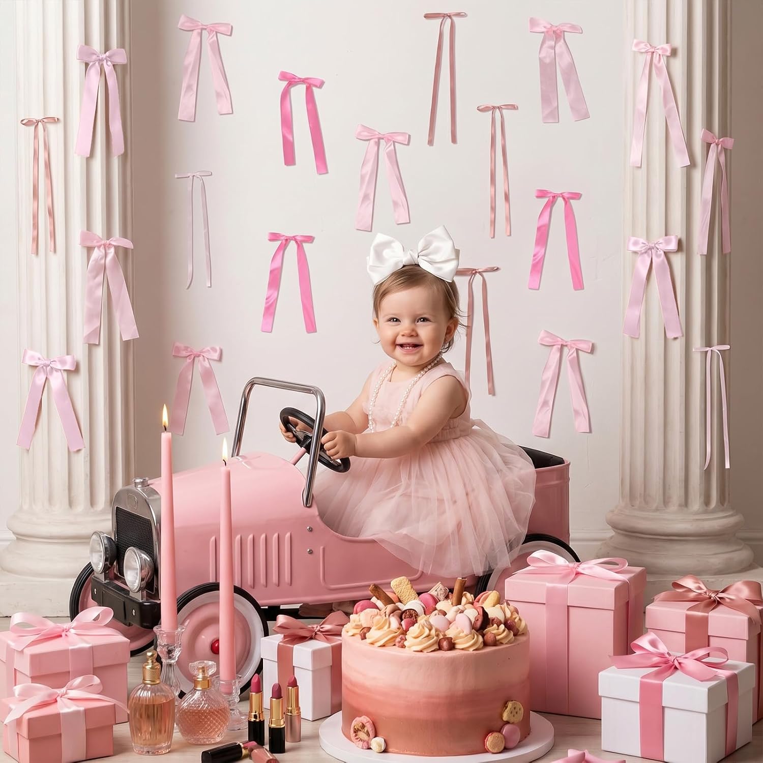 Pink Bow Birthday Decorations, 40Pcs Dusty Pink Bow Wall Decor DIY Ribbon Satin Bows Garland Photo Backdrop for Women Girl Coquette Bachelorette Baby Bridal Shower Room Bedroom Wedding Party Decor