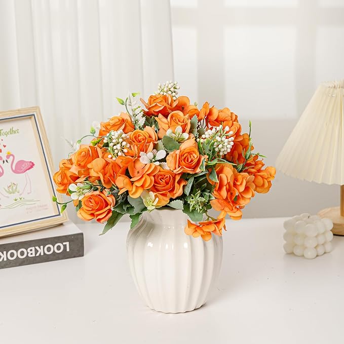 Artificial Flower 5 Branches Artificial Silk Fake Flowers Bouquet Small Roses for Wedding Home Office Tables Decor 2 Packs(Orange)