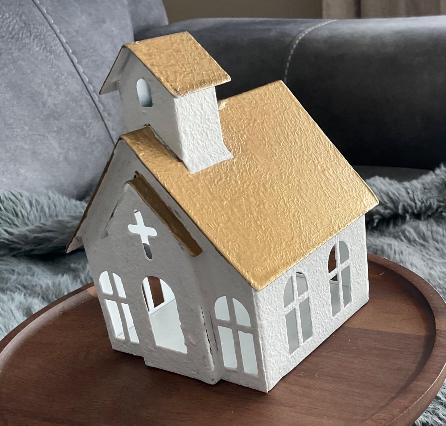Orchid & Ivy Rustic Textured White Metal Church Tea Light Candle Holder with Cross Cut Out - Decorative House Shaped Tabletop Lantern - Country Farmhouse Religious Christmas Holiday Home Decor