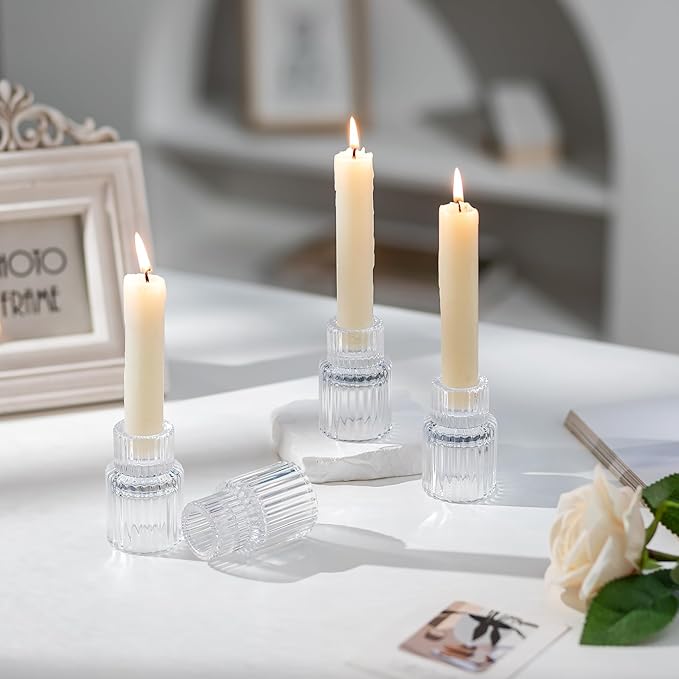 Romadedi Glass Candle Holder for Candlestick - 20 Pcs Clear Small Tapered Candle Holder Wedding Decor Table Centerpiece Bulk for Candle Sticks Christmas Party Living Room Dinner Advent