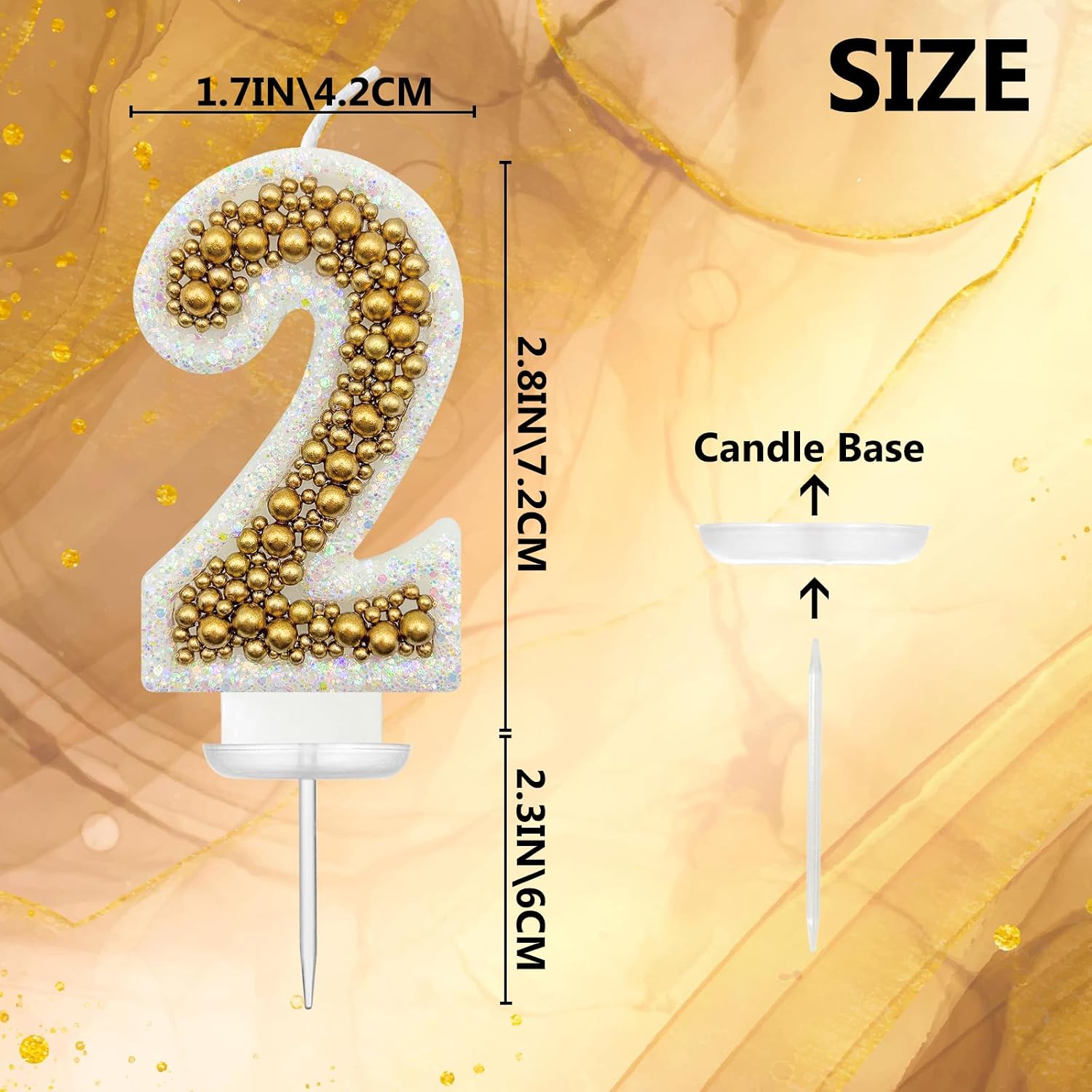 2 Birthday Number Candle for Cake, Glitter Number Candle with Gold Beads, Decorative Cake Topper for Milestone Celebrations