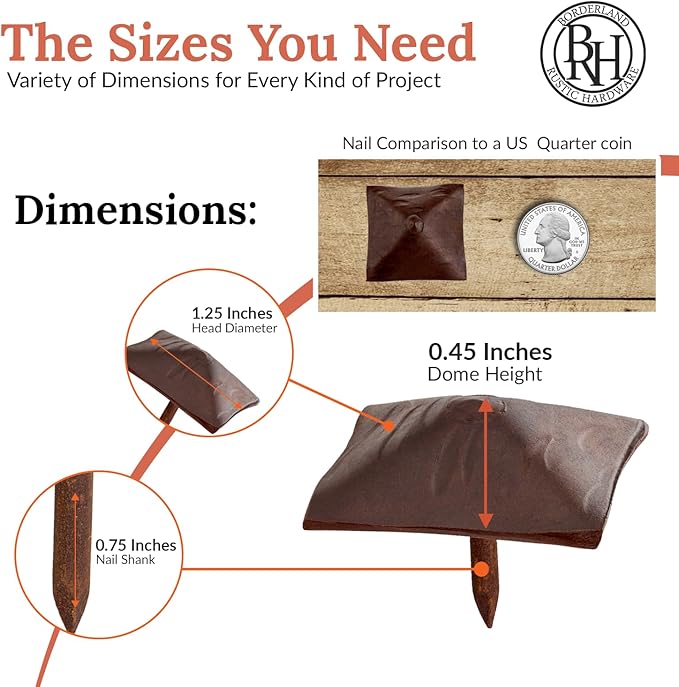 10 Pack 1.25" Square Head Iron Clavos Decorative Nails – Sealed Rusted – Handmade Rustic Square Fasteners for Farmhouse Shutters, Barn Doors, Shutters, and Gates – Ornamental Wood Accent