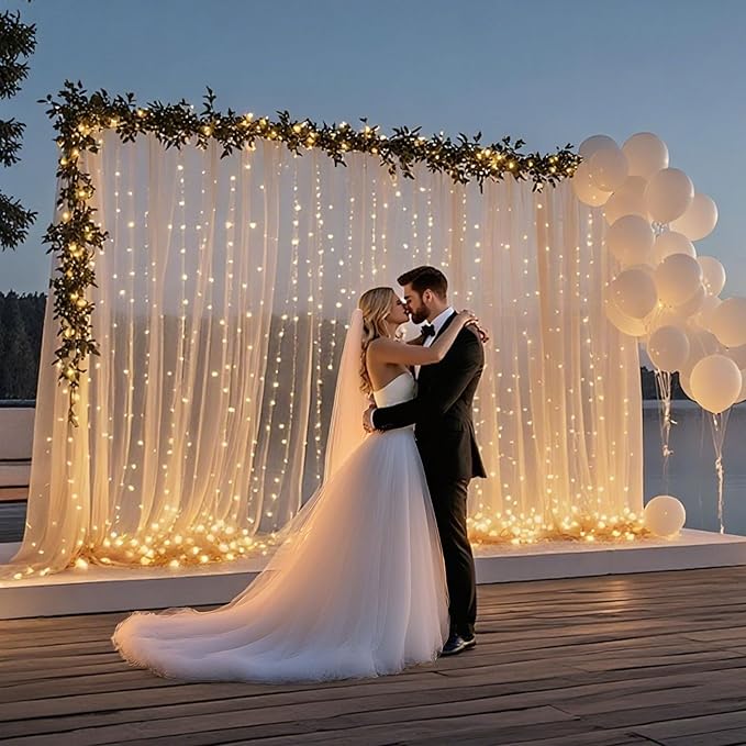 10×10ft Tulle Backdrop Curtains with Lights String - 300LED Fairy Lights Sheer Curtain Backdrop for Weddings Baby Shower and Birthday Party Decorations(6 Panels 5×10ft)