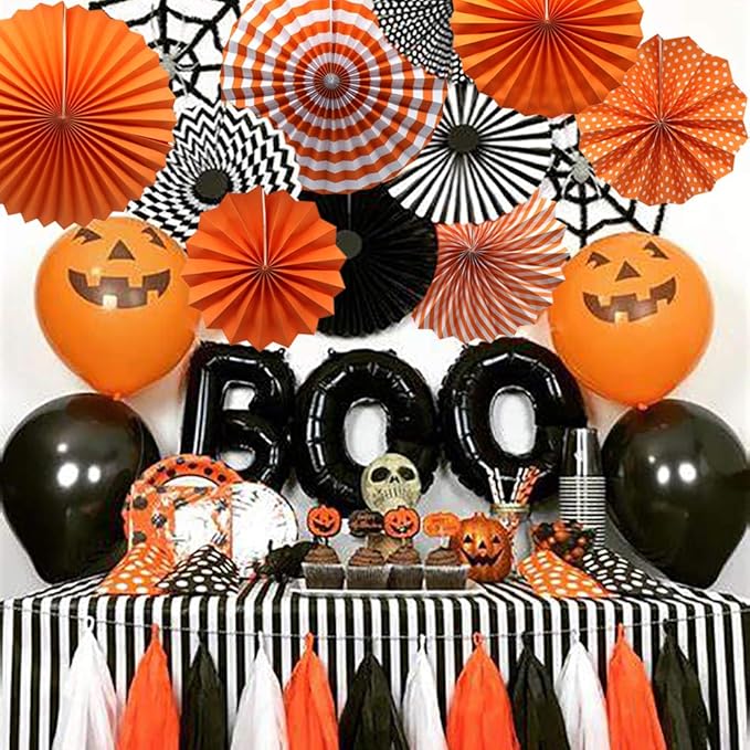Party Hanging Paper Fans Set, Orange Round Pattern Paper Garlands Decoration for Birthday Wedding Graduation Events Accessories, Set of 6