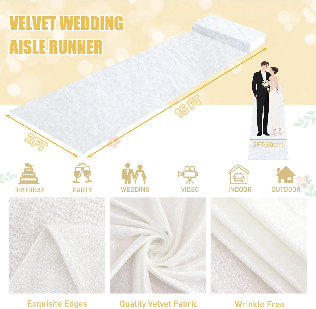 White Aisle Runner for Wedding Velvet Aisle Carpet 2FTx15FT Wedding Accessories Romantic Velvet Fabric Floor Aisle Runner for Weddings Ceremony Decorative Aisle Rugs for Birthday Events