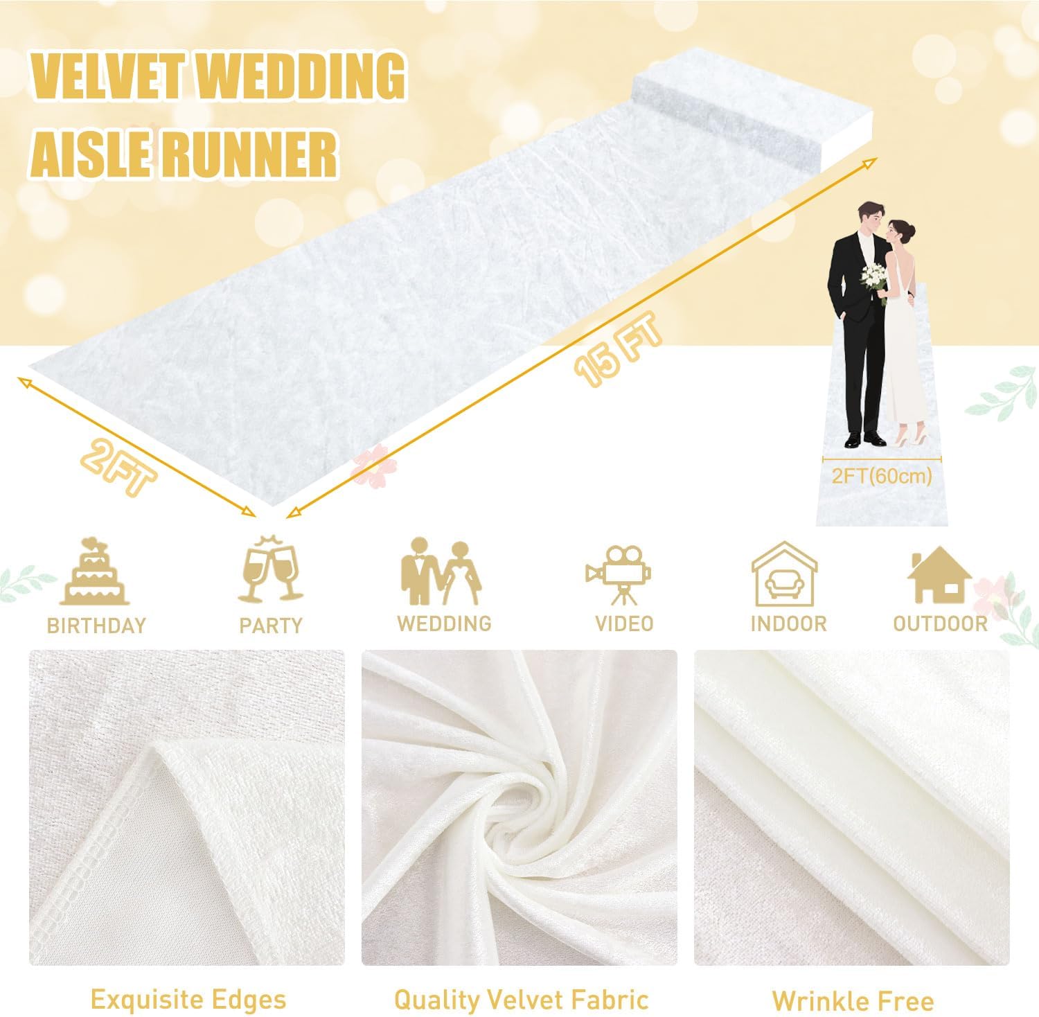 White Aisle Runner for Wedding Velvet Aisle Carpet 2FTx15FT Wedding Accessories Romantic Velvet Fabric Floor Aisle Runner for Weddings Ceremony Decorative Aisle Rugs for Birthday Events