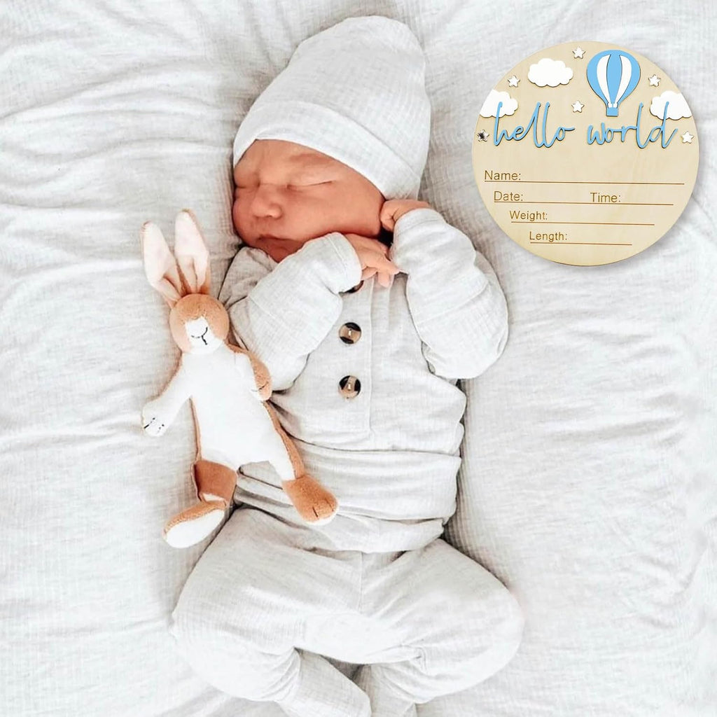Baby Announcement Sign, 5.9 Inch Wooden Hello World Newborn Signs, Birth Announcement Sign and Pen, Hot Air Balloon and White Cloud Decoration, Welcome Newborn Arrival to World (Blue)