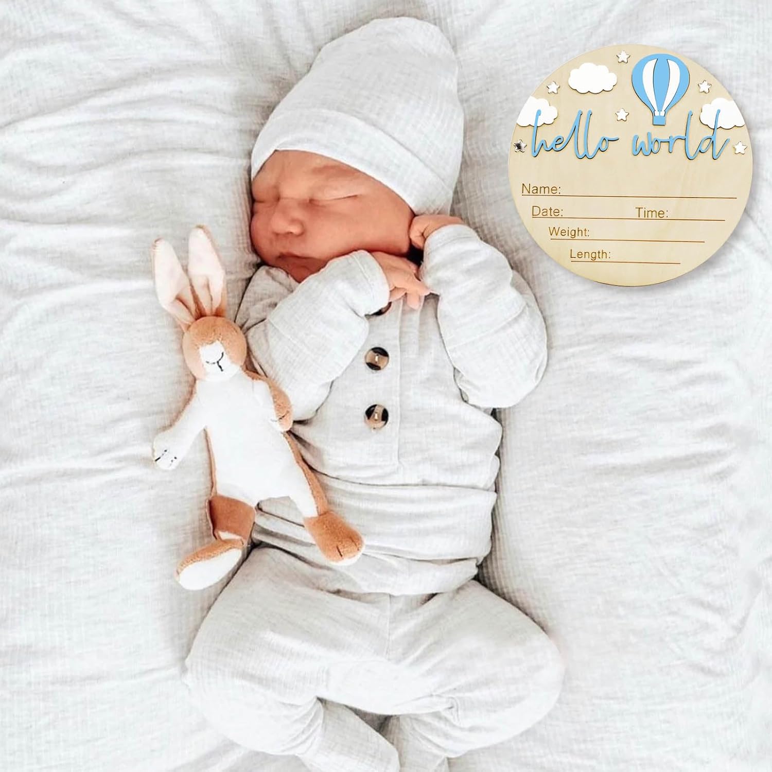 Baby Announcement Sign, 5.9 Inch Wooden Hello World Newborn Signs, Birth Announcement Sign and Pen, Hot Air Balloon and White Cloud Decoration, Welcome Newborn Arrival to World (Blue)