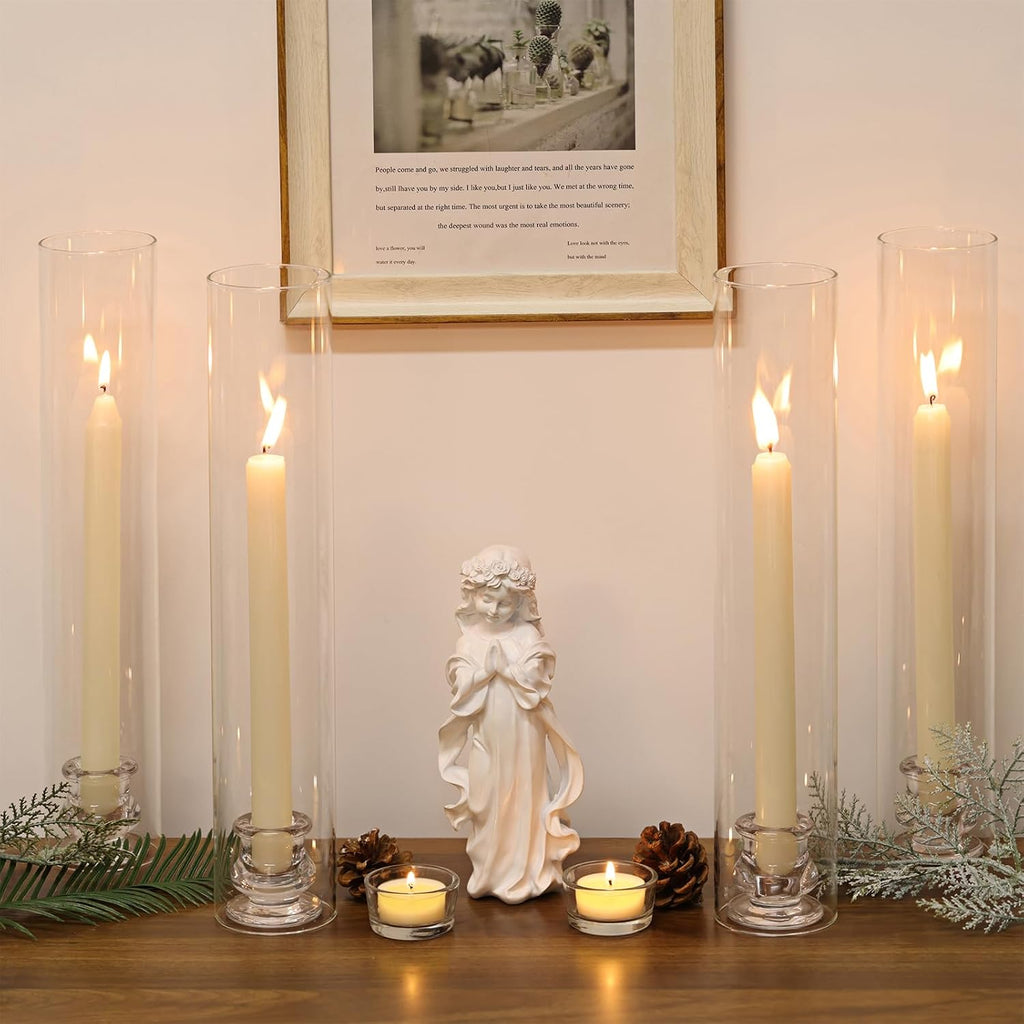 Volens Hurricane Glass Candle Holders- Set of 6 Candlestick Holders for Taper Candles with Windproof Cylinder Covers 14" Tall Clear Glass Chimney Cover for Wedding Table Centerpiece Home Decor