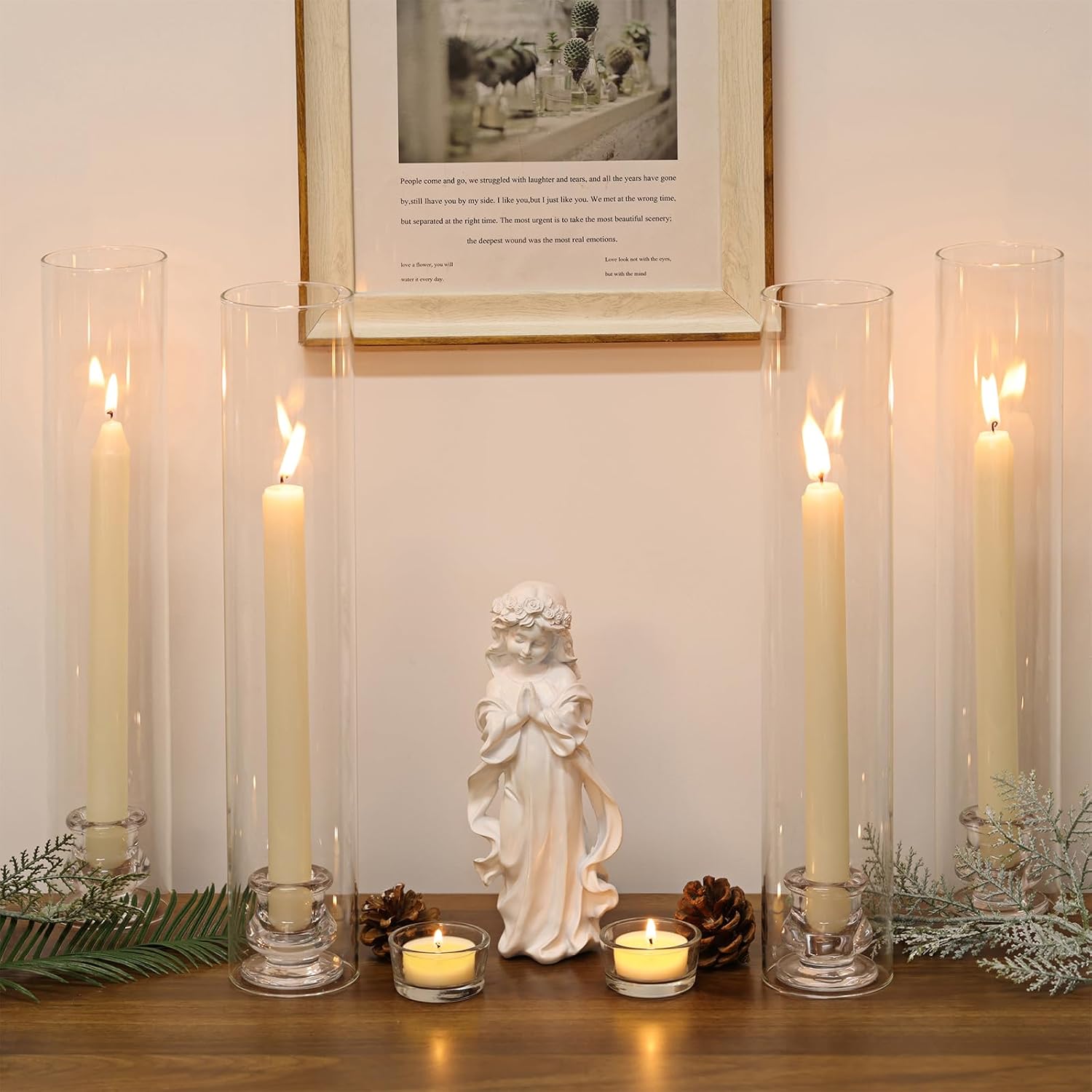 Volens Hurricane Glass Candle Holders- Set of 6 Candlestick Holders for Taper Candles with Windproof Cylinder Covers 14" Tall Clear Glass Chimney Cover for Wedding Table Centerpiece Home Decor