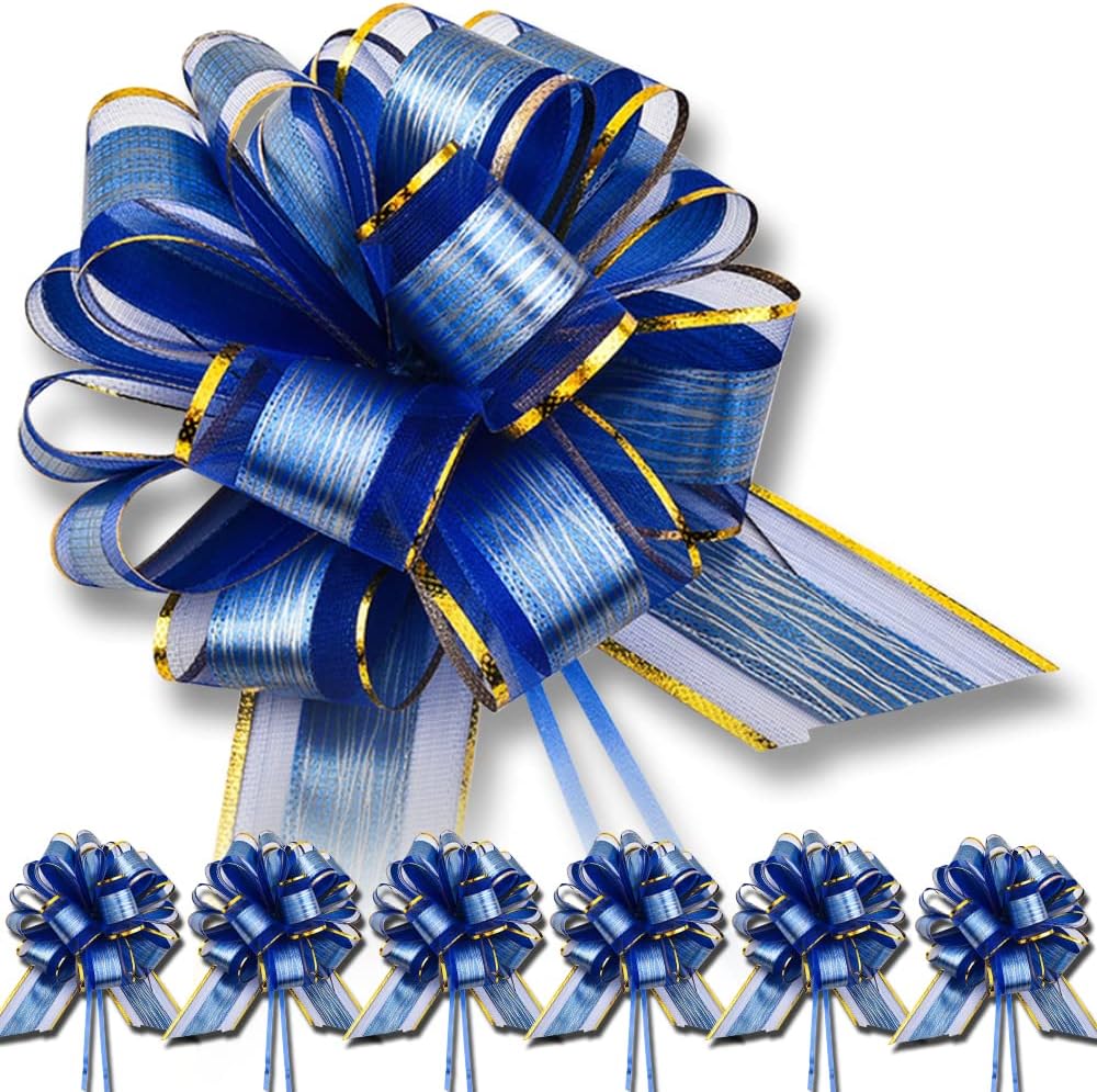 6 PCS Large Pull Bows, Gift Wrapping Bows, Gift Wrapping Ribbon Pull Bows Gift Bows for Wedding, Birthday, Christmas, Valentine's Day, Gift Baskets, Party, Presents Decor, Holiday Decor (Blue)
