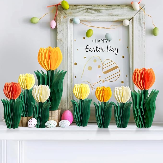 SUNBEAUTY 8 PCS Flower Honeycomb Decoration Tulip Honeycomb Decoration Mother's Day Decoration Orange Tulip Decor Spring Decor Tulips Table Centerpieces Decorations