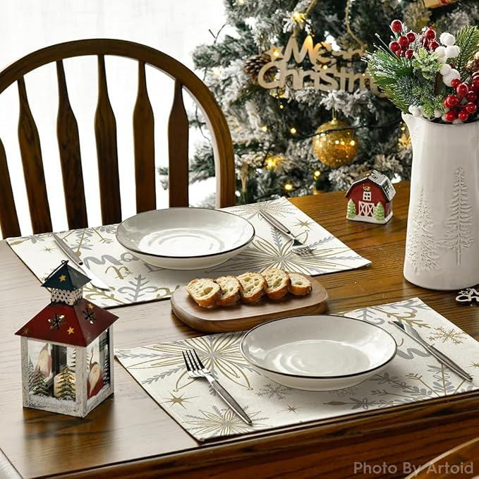 Artoid Mode Beige Snowflake Let It Snow Winter Placemats Set of 8, 12x18 Inch Seasonal Christmas Table Mats for Party Kitchen Dining Decoration