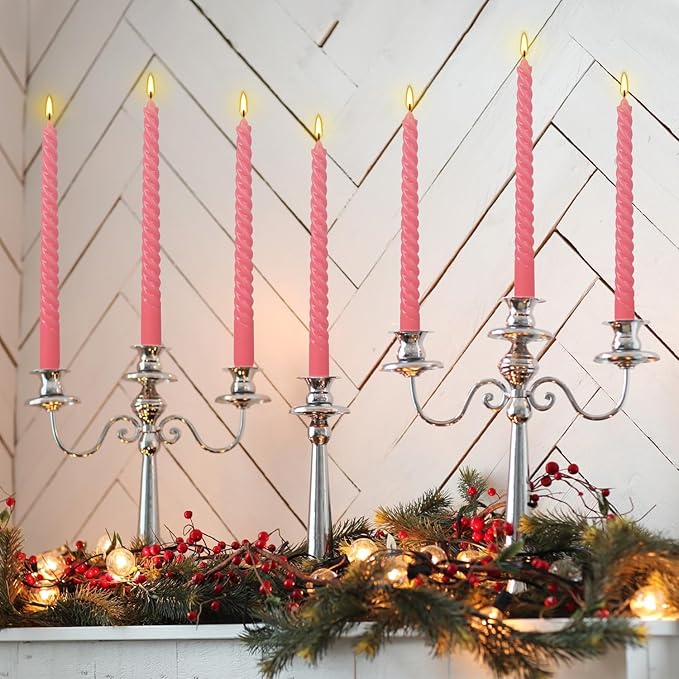 12-Pack Pink Spiral Taper Candles – 10 Inch Elegant Dripless & 10-Hour Burn – Long-Lasting Decorative Candles for Weddings, Birthdays, Parties, Church, Home Decor & Romantic Dinners