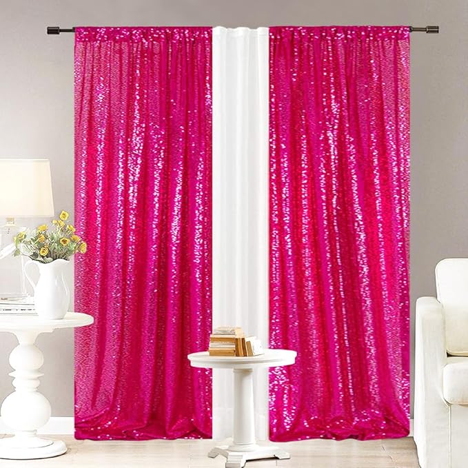 Eternal Beauty Sequin Backdrop Curtains, 2x8 Ft-2 Panels Hot Pink Back Drop for Shimmer Photography Party Wedding Birthday Decor