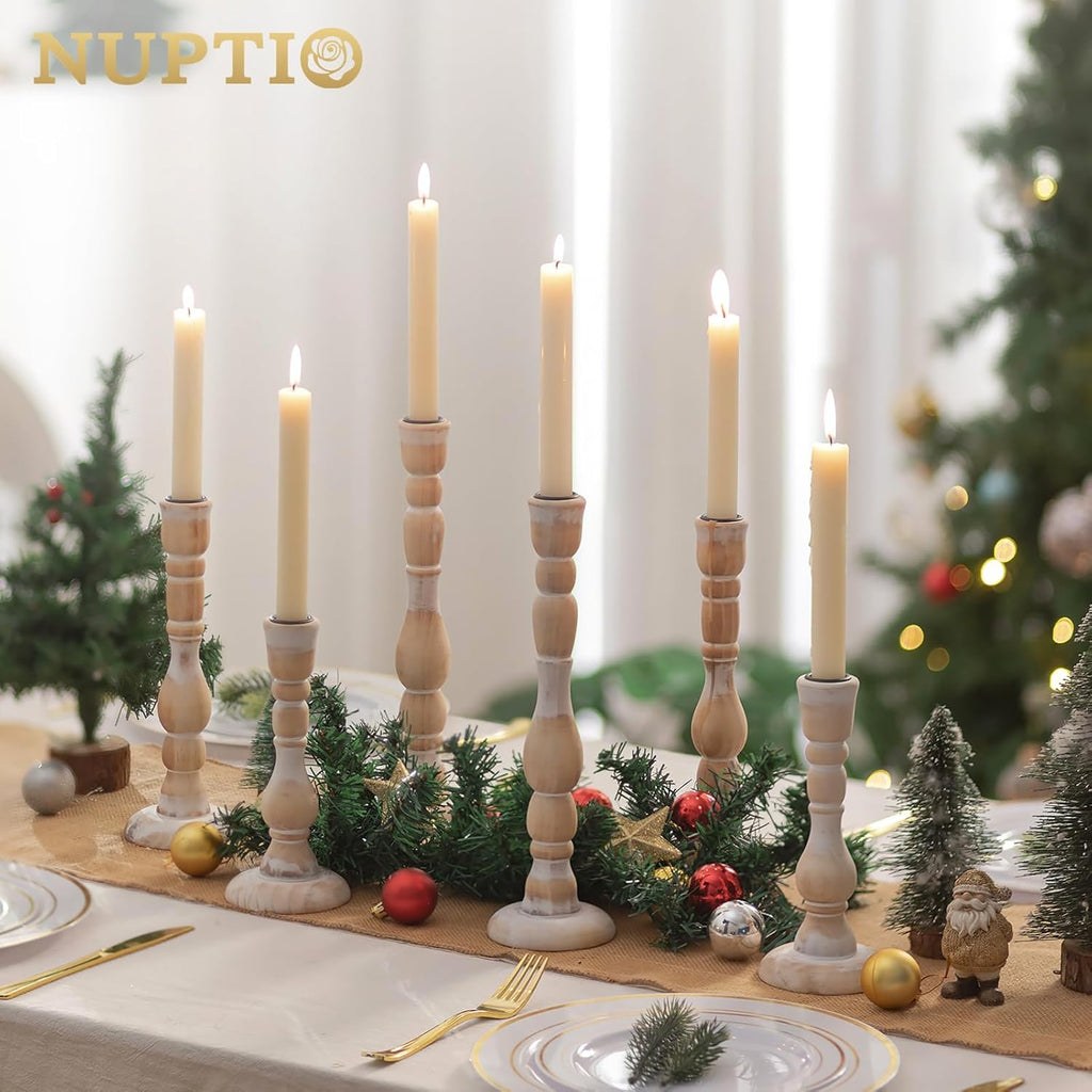 NUPTIO Tall Wooden Candle Stick Holders, Set of 3, Whitewashed | Vintage Farmhouse Boho Style, Rustic Wood Finish, Natural Solid Pine Wood, for Christmas Mantels, Gift Giving