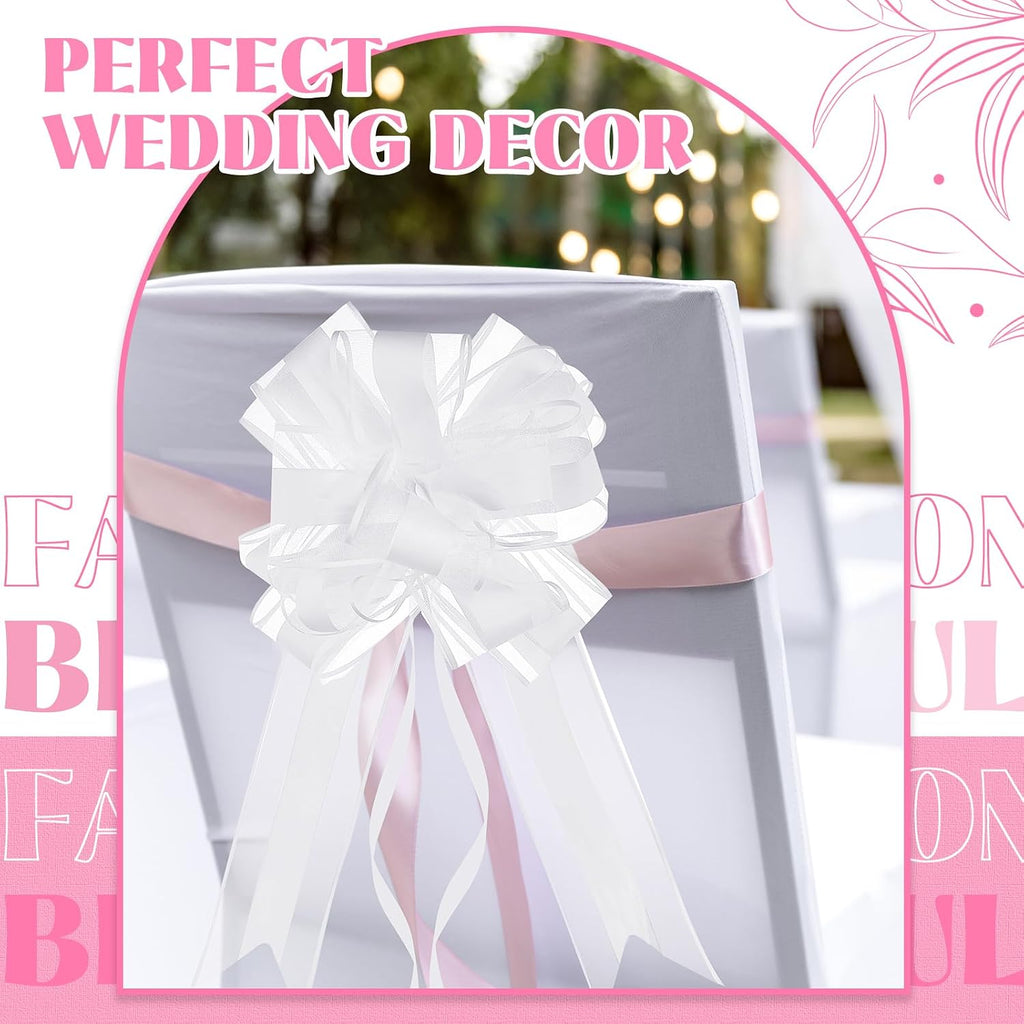 Riceshoot 24 Pcs Wedding Pew Bows with Yarn, Wedding Aisle Decorations for Church Chair Bench, Big Pull Bows for Gift Wrapping Bridal Shower Reception Birthday Anniversary Car Decor