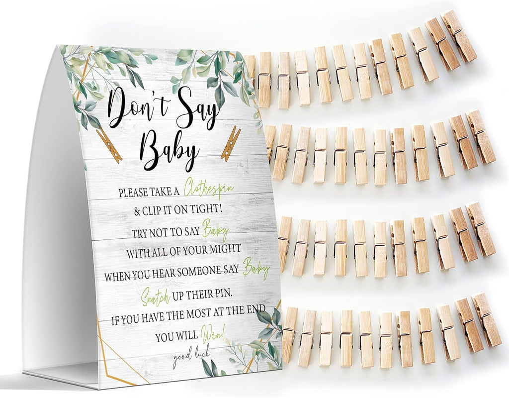 Don't Say Baby Set - One 5x7 Sign and 50 Mini Clothespins, Baby Shower Games, Baby Shower Decoration, Gender Neutral Baby Shower - MsJb036