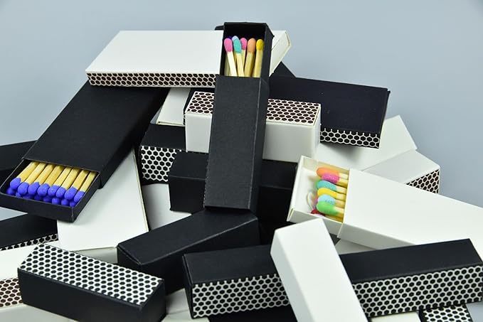 Chandler Studio 10 Boxes - Wooden Matchsticks in a Blank Matchbox with White/Black Matchboxes Colorful Tips (2" Matchboxes, 10 Boxes)