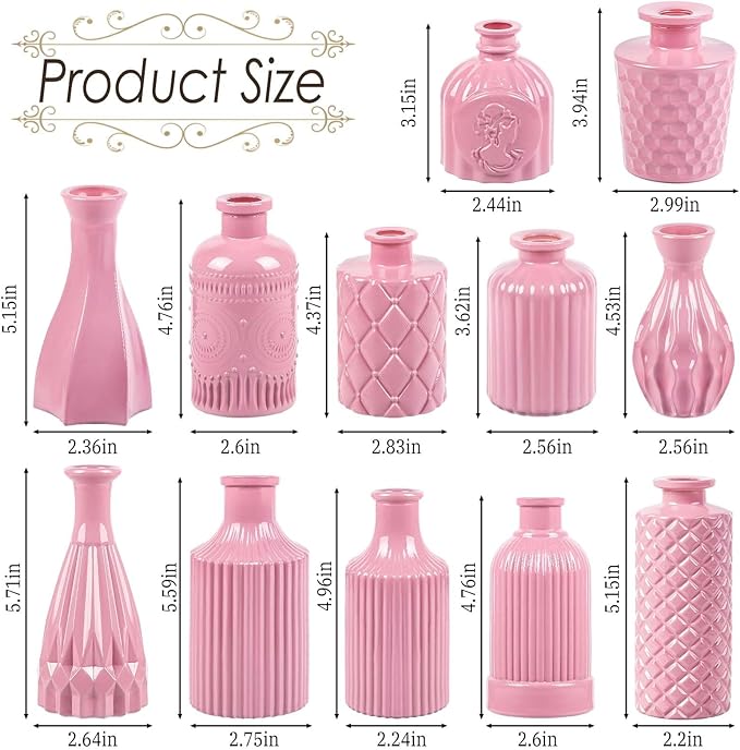 Baby Pink Glass Bud Vases Set of 12, Mini Flower Vase for Centerpieces, Small Vases in Bulk for Wedding Decoration, Vintage Vase for Baby Shower Centerpieces, Home Décor