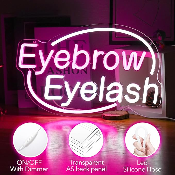 Eyebrows Eyelash Neon Sign, Pink and White Letter Neon Lights For Wall Decor, Girls Makeup Room Bedroom Beauty Salon Eyelash Studio Decoration（16.5 X 10.2 inch）