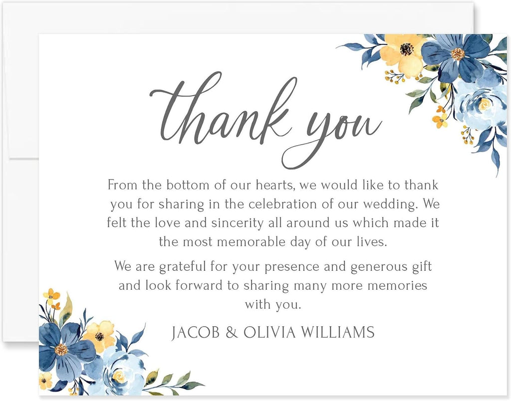 Personalized Wedding Thank You Cards with Envelopes, Flat 4.25 x 5.5 Custom Thank You Notes, Blue Floral Wedding Thank You Cards (Blue Floral)