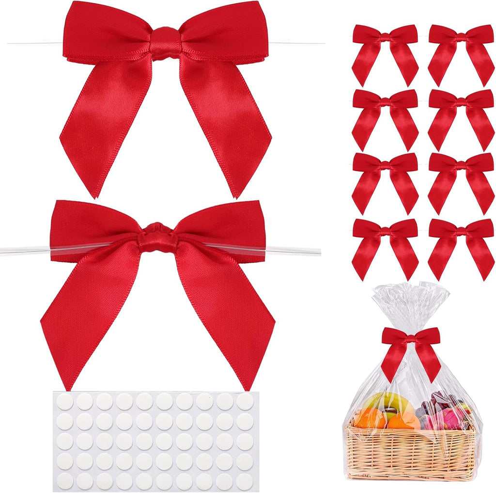 50Pcs Red Twist Tie Bows, 3.5'' Pre-Tied Satin Ribbon Small Red Bows for Gift Wrapping Treat Bags Crafts, Mini Bows Garland for Wedding,Birthday Party,Bridal Shower, Thanksgiving,Christmas Gifts