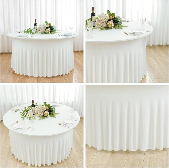 2 Pack Ivory Spandex Round Tablecloths for 60 inch Tables, Wrinkle Free Stretchy Fitted 120inch Round Table Covers 5FT with Ruffle Table Skirt for Wedding Party Dining Banquet Dinning