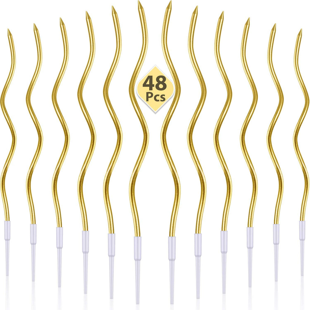 48 Pieces Twisty Birthday Spiral Cake Candles with Holders Long Thin Curly Coil Metallic Cake Cupcake Candles for Birthday Wedding Party Decoration(Metallic Gold)