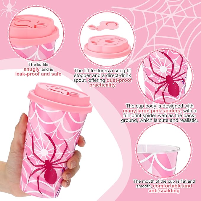 Yungyan 16 Sets Pink Spider Party Favors Goodie Cups with Lids and Straws for Halloween Party Decorations Reusable 16oz Plastic Candy Cups Plastic Straws for Birthday Gift (Pink Spider)