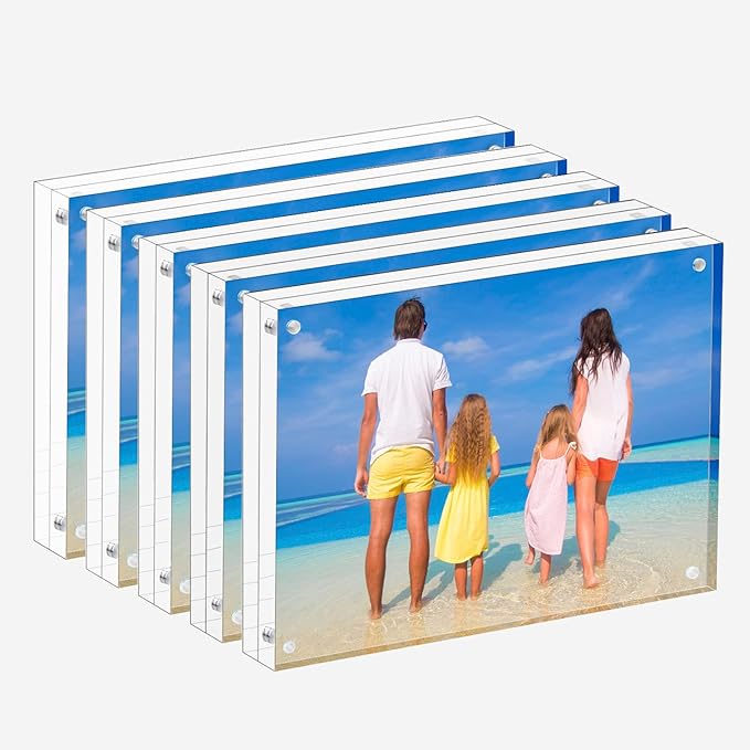 Meetu Acrylic Picture Frame 5x7,Clear Freestanding Double Sided 20mm Thickness Frameless Magnetic Photo Frames Desktop Display with Gift Box Package(5 Pack)