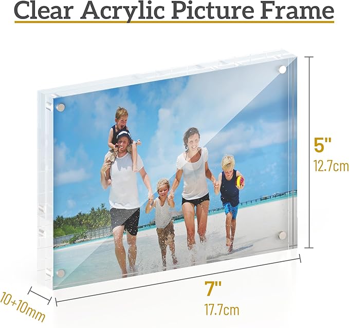 5x7 Acrylic Picture Frame 5 Pack, 20mm Thick Magnetic Double Sided Display 20% Thicker- Frameless Clear Transparent Photo Frame for Desktop/Tabletop, Self Standing with Microfiber Cloth