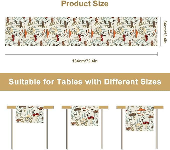 Mushroom Table Runner, Vintage Nature Plant Table Runner for Farmhouse Kitchen Dining Table Decoration for Home Party Decor 13x60 Inch