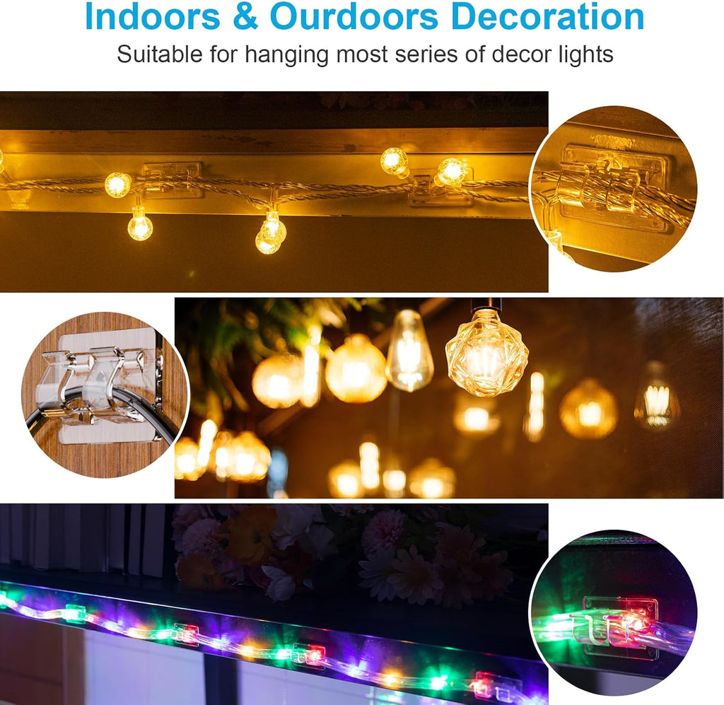 30 PCS Hooks for Outdoor String Lights, Heavy Duty Christmas Light Clips, Clear Adhesive Hooks for Hanging Rope Lights Outdoor, UV-Resistant String Light Hooks for Outside Porch Patio Decor