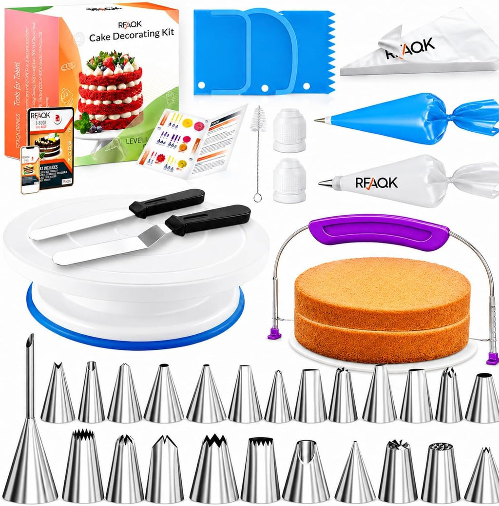 RFAQK 90PCs Cake Decorating Kit for Beginners, Baking Supplies Includes Cake Turntable, Cake Leveler, 24 Icing Piping Tips, 56 Piping Bags, 2 Couplers, Spatulas, Scrapers, Video Course and Booklet
