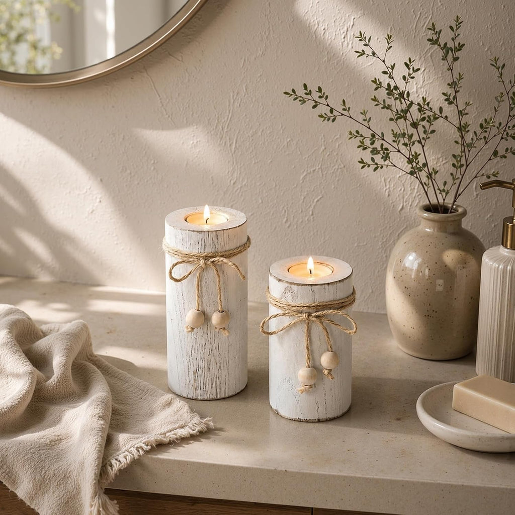 White Wooden Candle Holder with Flameless LED Candles Farmhouse Decor 3p | Farmhouse Centerpieces for Table 3-Pack With Battery Operated for Candles Holiday Party Home Decor