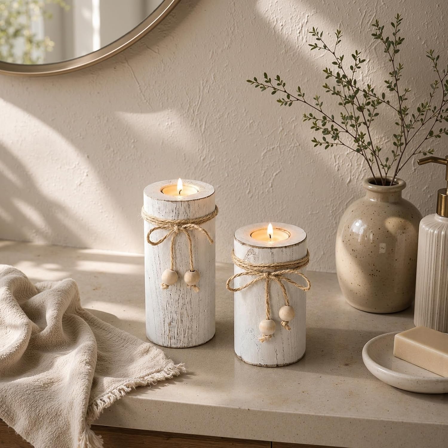 White Wooden Candle Holder with Flameless LED Candles Farmhouse Decor 3p | Farmhouse Centerpieces for Table 3-Pack With Battery Operated for Candles Holiday Party Home Decor
