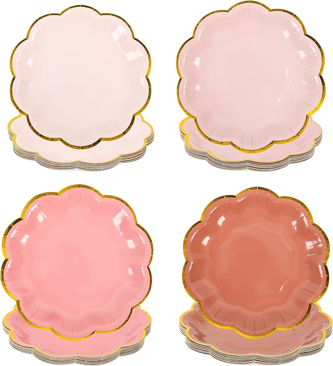 Dusty Pink Gradient Color Dessert Paper Plates, 7 inch Gold Foil Scalloped Edge, Disposable Cake Plates for Tea Party, Birthday, Baby Shower, Wedding Party Supplies (48, Dusty Pink)