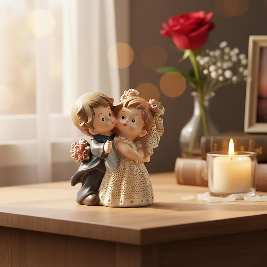 Bride and Groom Figurine, Romantic Wedding Couple Statue, 3.15 Inch | Hand-painted resin wedding cake topper with floral details for reception tables, keepsake displays and romantic gifts
