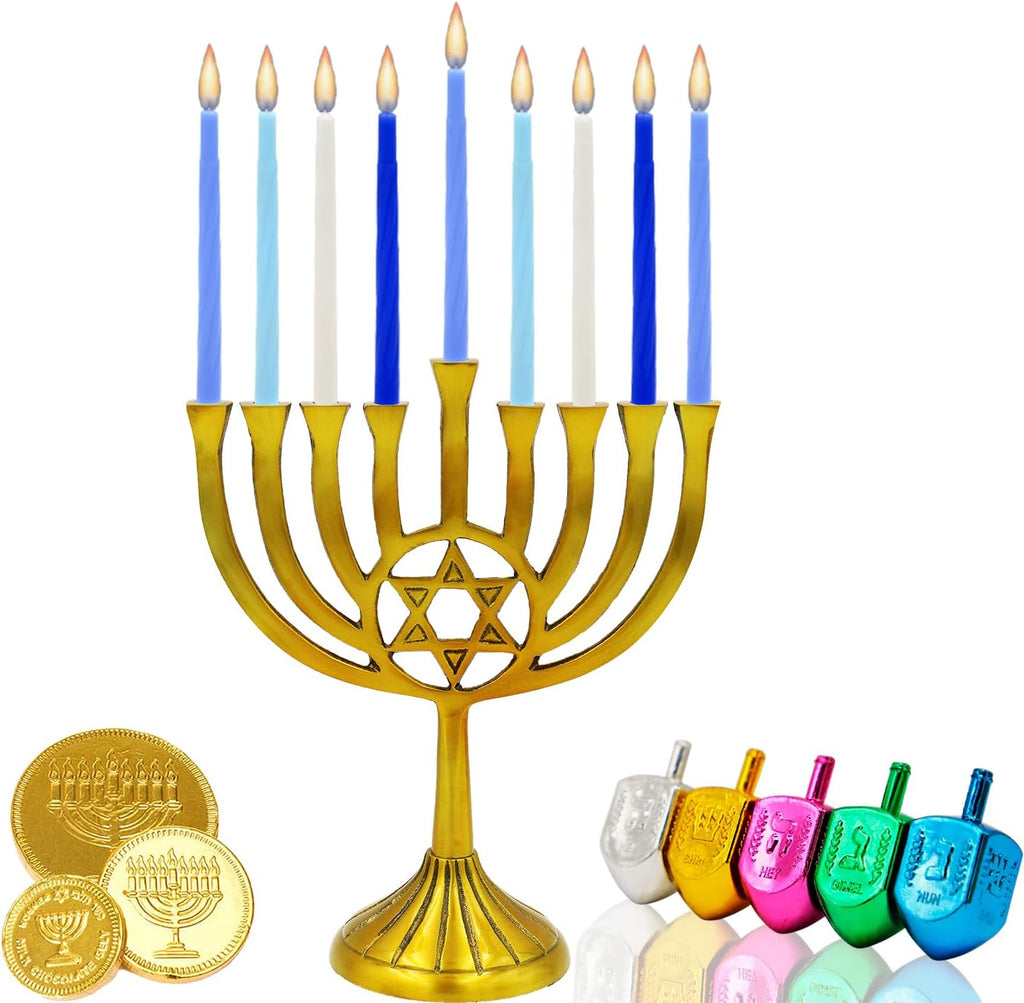 The Dreidel Company Hanukkah Candles Premium Pastel Blue & White Deluxe Tapered Hand Decorated Candles (Single)
